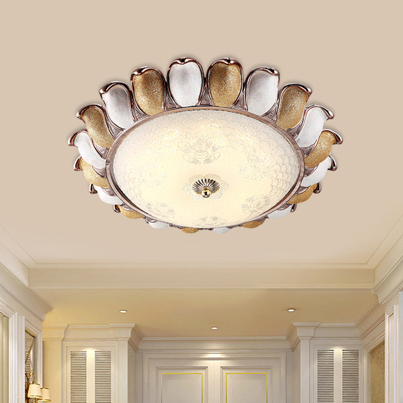 14"/18" W LED Frosted Glass Flush Lighting Korea Country Gold Flower Bedroom Flush Mount Lamp Gold Clearhalo 'Ceiling Lights' 'Close To Ceiling Lights' 'Close to ceiling' 'Flush mount' Lighting' 800629