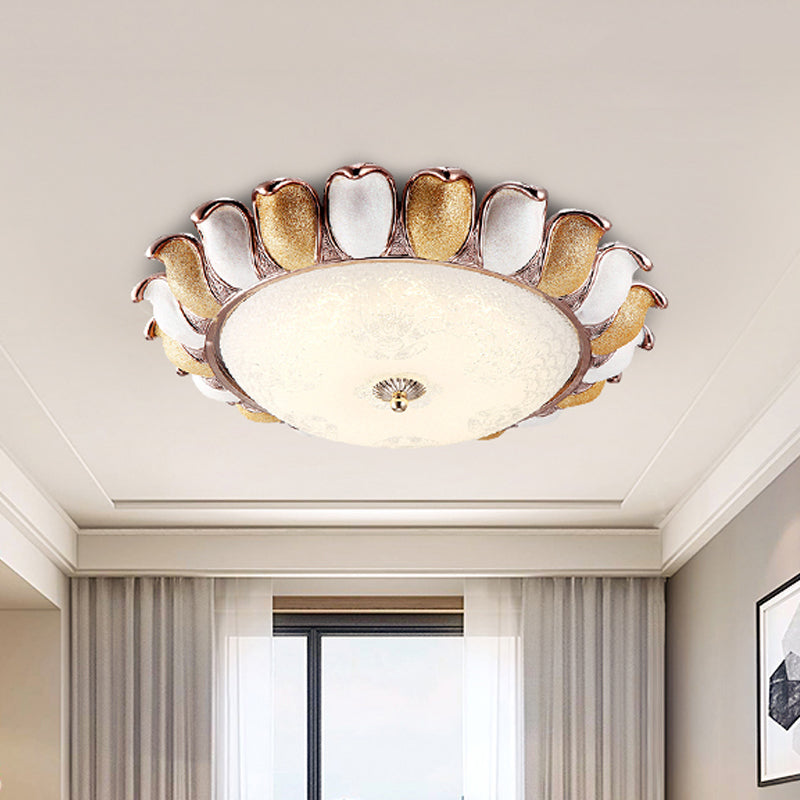 14"/18" W LED Frosted Glass Flush Lighting Korea Country Gold Flower Bedroom Flush Mount Lamp Clearhalo 'Ceiling Lights' 'Close To Ceiling Lights' 'Close to ceiling' 'Flush mount' Lighting' 800630