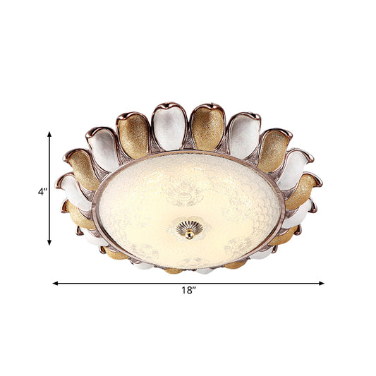 14"/18" W LED Frosted Glass Flush Lighting Korea Country Gold Flower Bedroom Flush Mount Lamp Clearhalo 'Ceiling Lights' 'Close To Ceiling Lights' 'Close to ceiling' 'Flush mount' Lighting' 800633