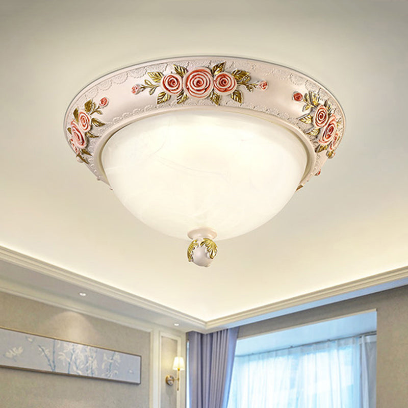 Countryside Style Korea Domed Flush Lamp White Glass LED Flushmount Lighting with Carved Flower Deco, 12"/16" W White Clearhalo 'Ceiling Lights' 'Close To Ceiling Lights' 'Close to ceiling' 'Flush mount' Lighting' 800643