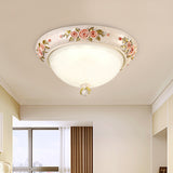 Countryside Style Korea Domed Flush Lamp White Glass LED Flushmount Lighting with Carved Flower Deco, 12"/16" W Clearhalo 'Ceiling Lights' 'Close To Ceiling Lights' 'Close to ceiling' 'Flush mount' Lighting' 800644