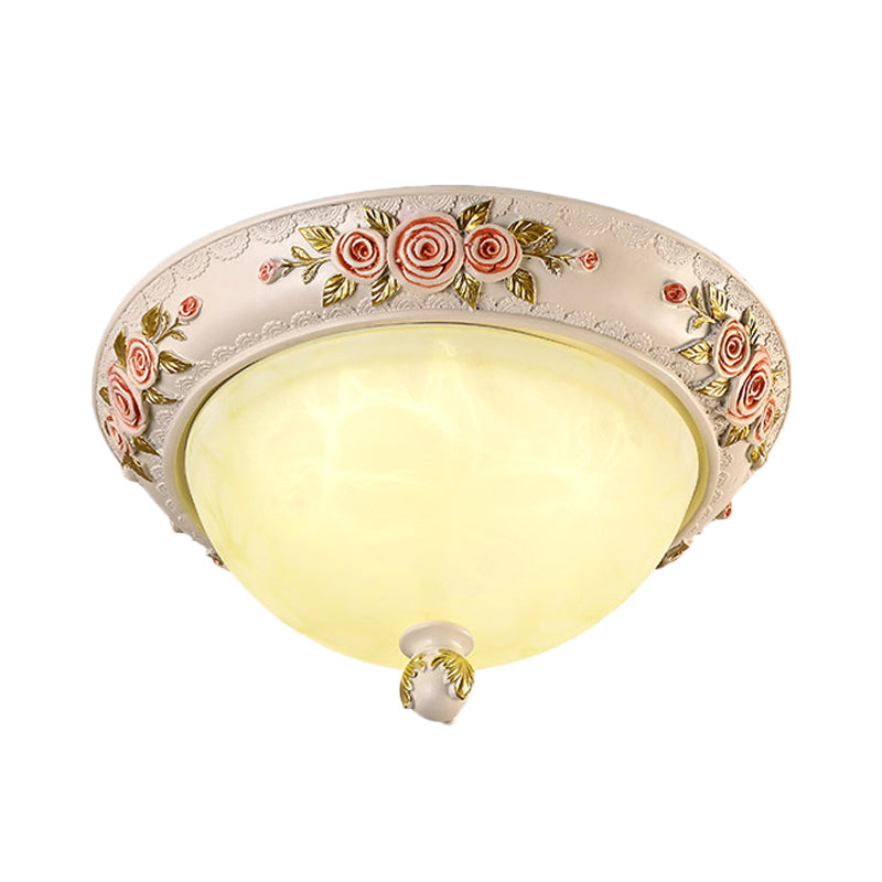 Countryside Style Korea Domed Flush Lamp White Glass LED Flushmount Lighting with Carved Flower Deco, 12"/16" W Clearhalo 'Ceiling Lights' 'Close To Ceiling Lights' 'Close to ceiling' 'Flush mount' Lighting' 800645