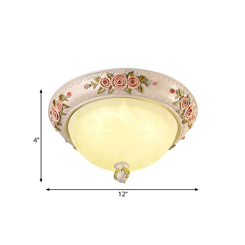 Countryside Style Korea Domed Flush Lamp White Glass LED Flushmount Lighting with Carved Flower Deco, 12"/16" W Clearhalo 'Ceiling Lights' 'Close To Ceiling Lights' 'Close to ceiling' 'Flush mount' Lighting' 800646