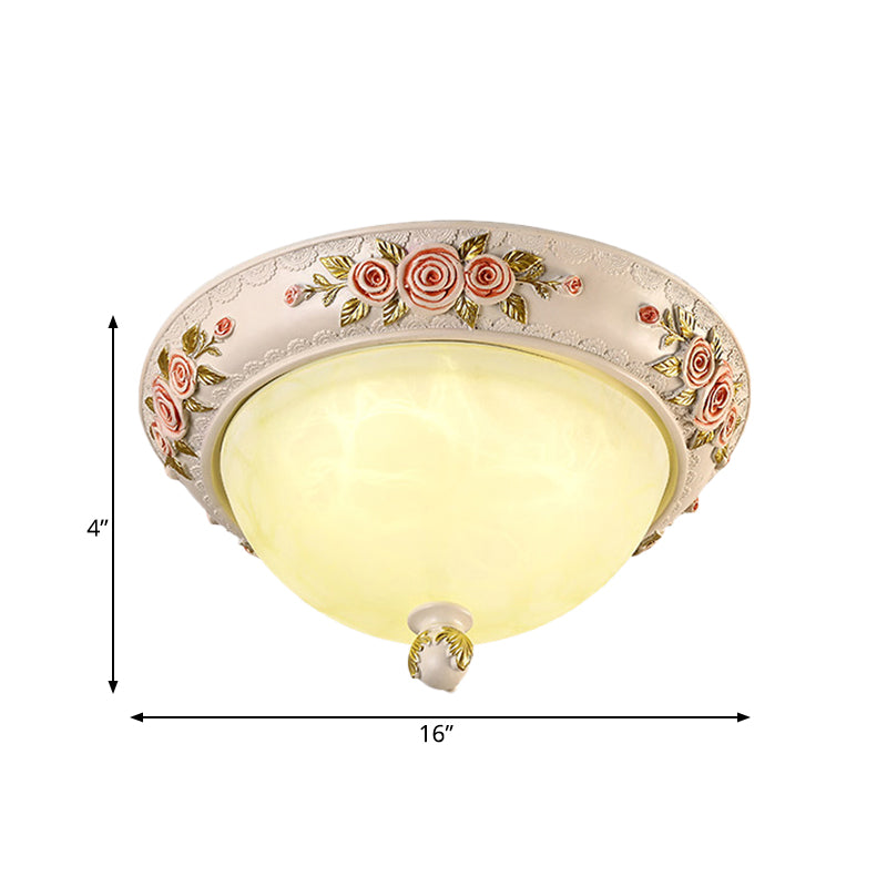 Countryside Style Korea Domed Flush Lamp White Glass LED Flushmount Lighting with Carved Flower Deco, 12"/16" W Clearhalo 'Ceiling Lights' 'Close To Ceiling Lights' 'Close to ceiling' 'Flush mount' Lighting' 800647