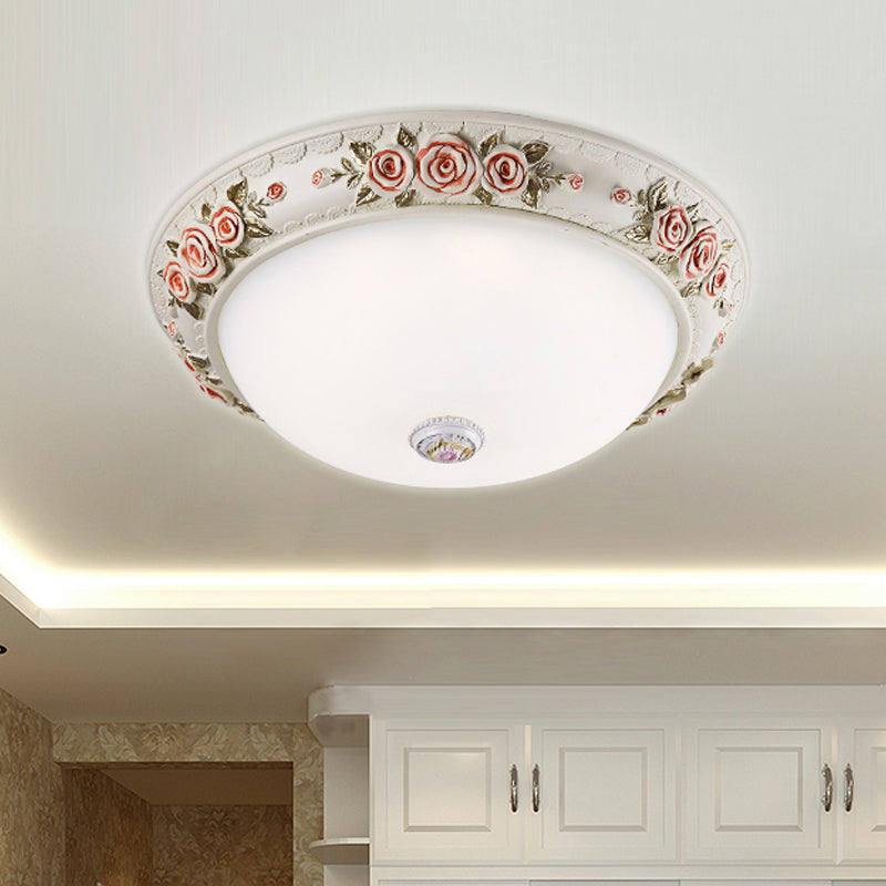 12"/16" Wide Domed Ceiling Mounted Light Korea Countryside White Glass Flush Lamp Fixture with Rose Deco White Clearhalo 'Ceiling Lights' 'Close To Ceiling Lights' 'Close to ceiling' 'Flush mount' Lighting' 800661