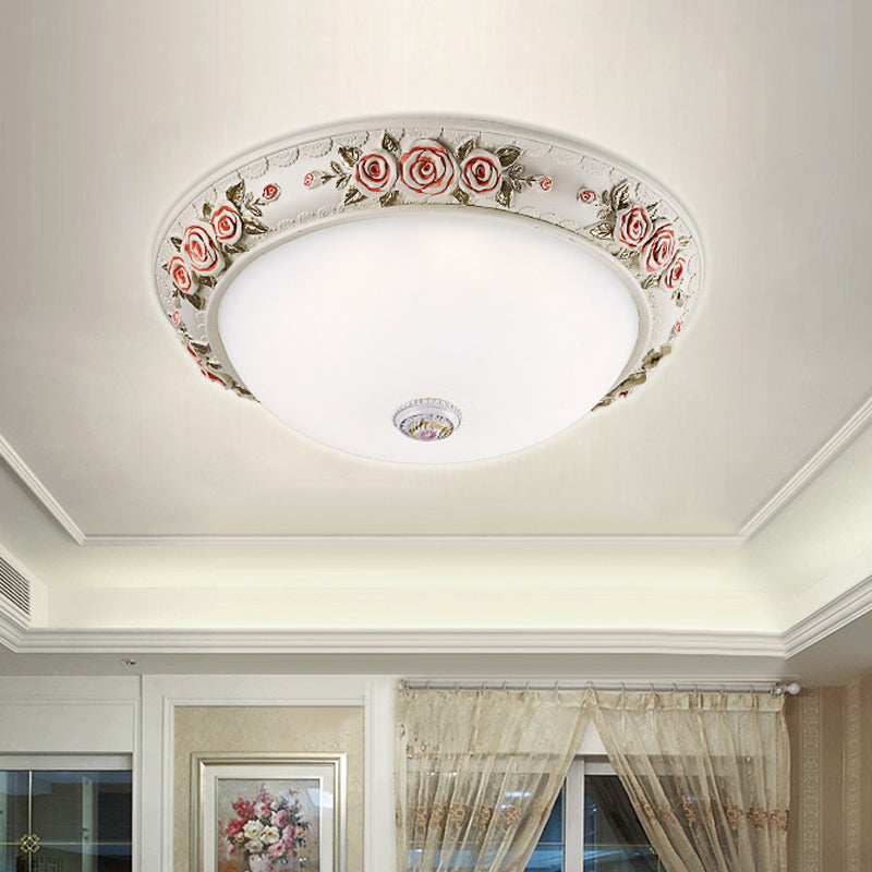 12"/16" Wide Domed Ceiling Mounted Light Korea Countryside White Glass Flush Lamp Fixture with Rose Deco Clearhalo 'Ceiling Lights' 'Close To Ceiling Lights' 'Close to ceiling' 'Flush mount' Lighting' 800662