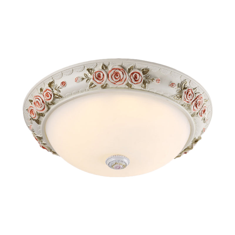 12"/16" Wide Domed Ceiling Mounted Light Korea Countryside White Glass Flush Lamp Fixture with Rose Deco Clearhalo 'Ceiling Lights' 'Close To Ceiling Lights' 'Close to ceiling' 'Flush mount' Lighting' 800663