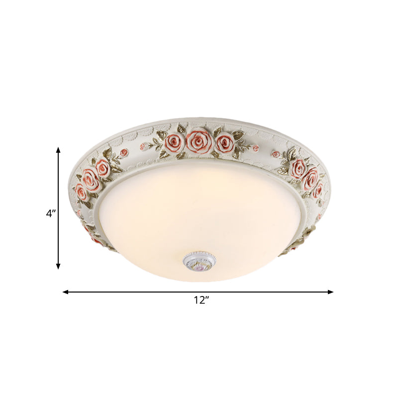 12"/16" Wide Domed Ceiling Mounted Light Korea Countryside White Glass Flush Lamp Fixture with Rose Deco Clearhalo 'Ceiling Lights' 'Close To Ceiling Lights' 'Close to ceiling' 'Flush mount' Lighting' 800664