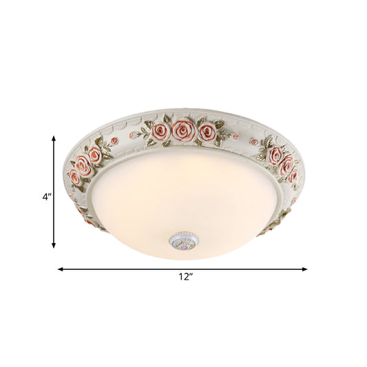 12"/16" Wide Domed Ceiling Mounted Light Korea Countryside White Glass Flush Lamp Fixture with Rose Deco Clearhalo 'Ceiling Lights' 'Close To Ceiling Lights' 'Close to ceiling' 'Flush mount' Lighting' 800664