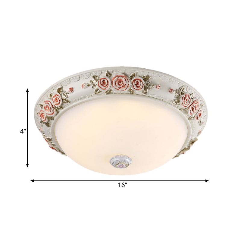 12"/16" Wide Domed Ceiling Mounted Light Korea Countryside White Glass Flush Lamp Fixture with Rose Deco Clearhalo 'Ceiling Lights' 'Close To Ceiling Lights' 'Close to ceiling' 'Flush mount' Lighting' 800665