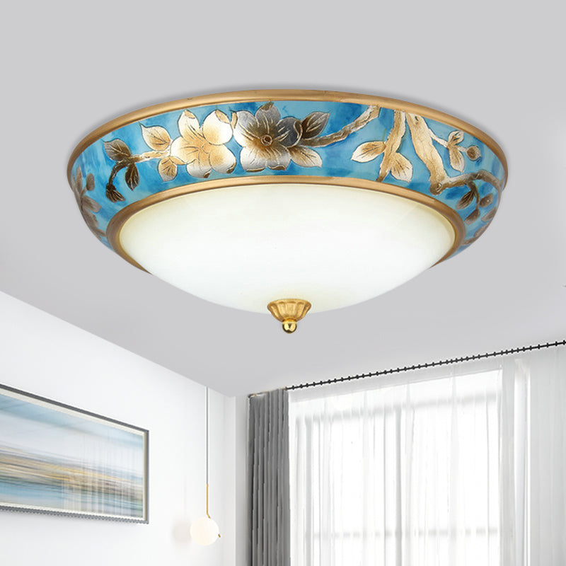 Blue 3/4 Bulbs Ceiling Flush Korea Countryside Frosted Glass Dome Flush Mounted Light with Flower Pattern, 16"/19.5" W Blue Clearhalo 'Ceiling Lights' 'Close To Ceiling Lights' 'Close to ceiling' 'Flush mount' Lighting' 800685