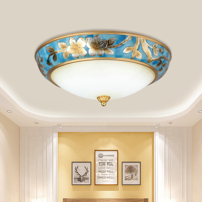 Blue 3/4 Bulbs Ceiling Flush Korea Countryside Frosted Glass Dome Flush Mounted Light with Flower Pattern, 16"/19.5" W Clearhalo 'Ceiling Lights' 'Close To Ceiling Lights' 'Close to ceiling' 'Flush mount' Lighting' 800686