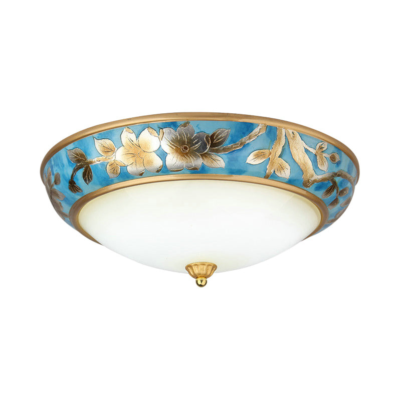 Blue 3/4 Bulbs Ceiling Flush Korea Countryside Frosted Glass Dome Flush Mounted Light with Flower Pattern, 16"/19.5" W Clearhalo 'Ceiling Lights' 'Close To Ceiling Lights' 'Close to ceiling' 'Flush mount' Lighting' 800687