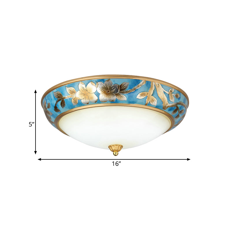 Blue 3/4 Bulbs Ceiling Flush Korea Countryside Frosted Glass Dome Flush Mounted Light with Flower Pattern, 16"/19.5" W Clearhalo 'Ceiling Lights' 'Close To Ceiling Lights' 'Close to ceiling' 'Flush mount' Lighting' 800688