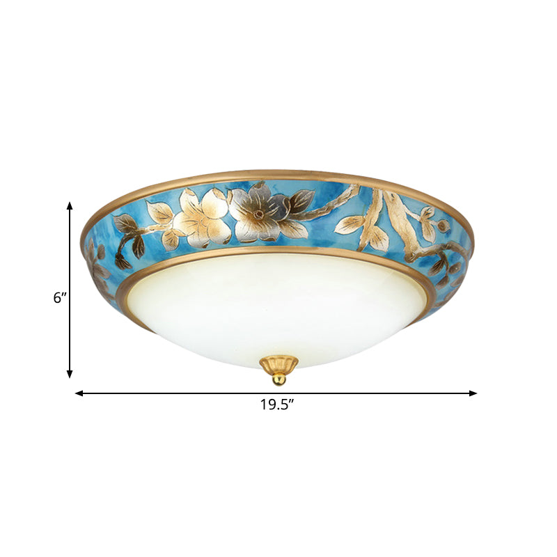 Blue 3/4 Bulbs Ceiling Flush Korea Countryside Frosted Glass Dome Flush Mounted Light with Flower Pattern, 16"/19.5" W Clearhalo 'Ceiling Lights' 'Close To Ceiling Lights' 'Close to ceiling' 'Flush mount' Lighting' 800689