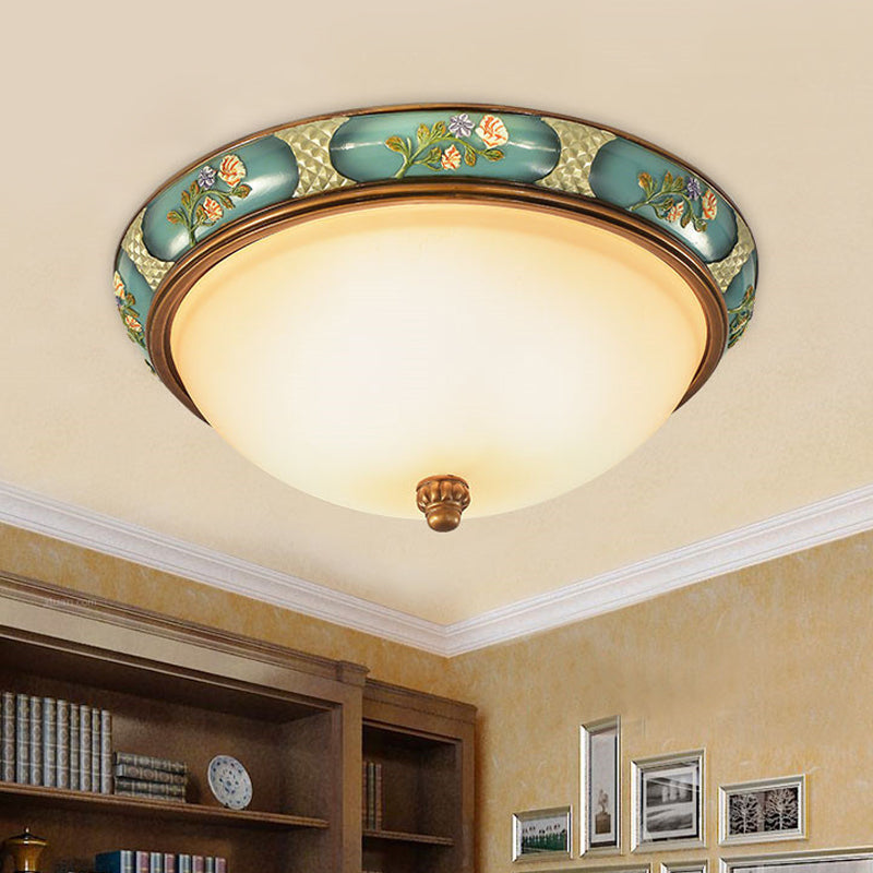 3-Head Ceiling Mounted Light Vintage Bedroom Flushmount Lamp with Dome Frosted Glass Shade in Blue-Green, 15"/19" W Blue-Green Clearhalo 'Ceiling Lights' 'Close To Ceiling Lights' 'Close to ceiling' 'Flush mount' Lighting' 800700