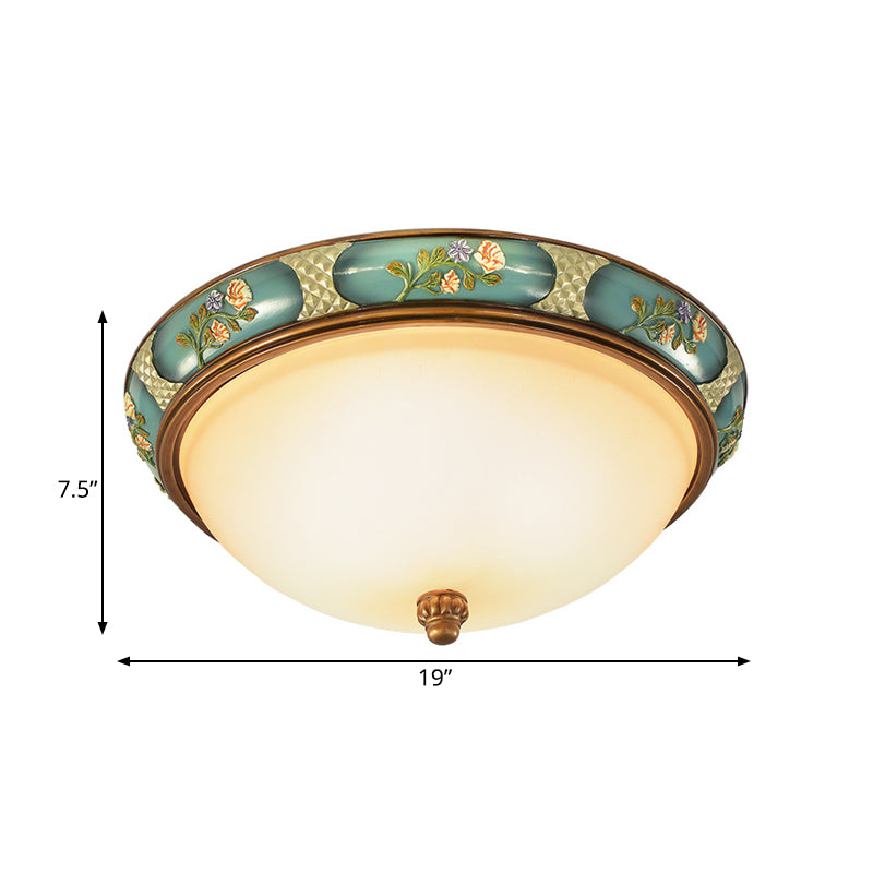 3-Head Ceiling Mounted Light Vintage Bedroom Flushmount Lamp with Dome Frosted Glass Shade in Blue-Green, 15"/19" W Clearhalo 'Ceiling Lights' 'Close To Ceiling Lights' 'Close to ceiling' 'Flush mount' Lighting' 800704