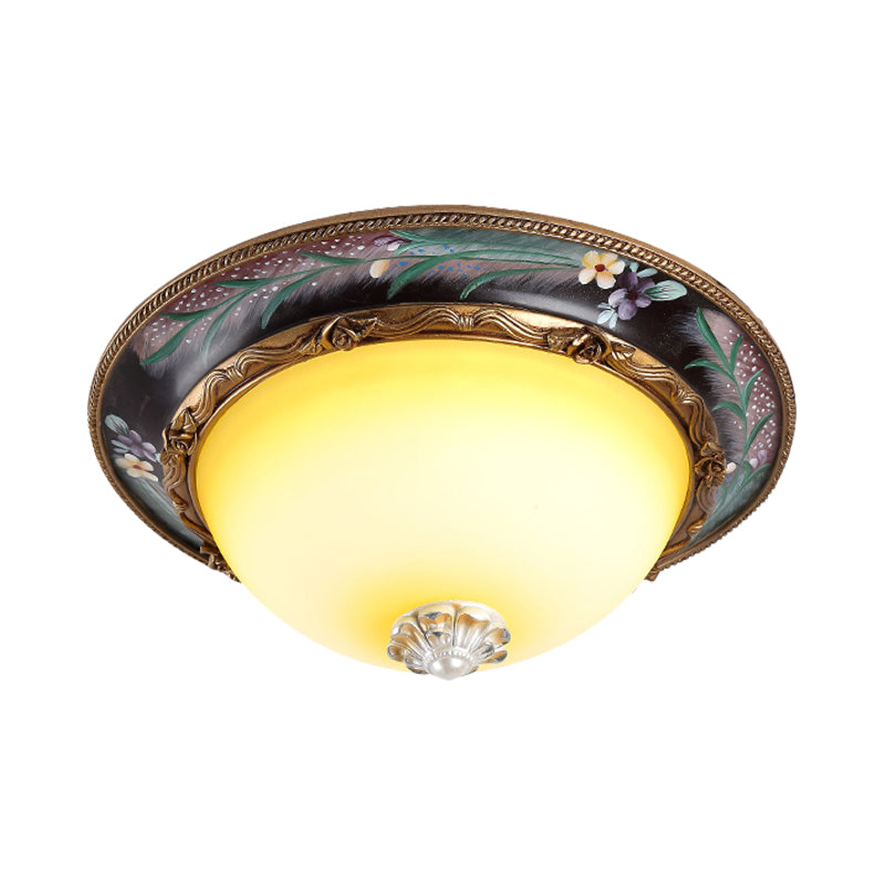 Brass Domed Flush Lighting Antiqued Yellow Glass 12"/16" Wide LED Bedroom Flush Mount Fixture Clearhalo 'Ceiling Lights' 'Close To Ceiling Lights' 'Close to ceiling' 'Flush mount' Lighting' 800707