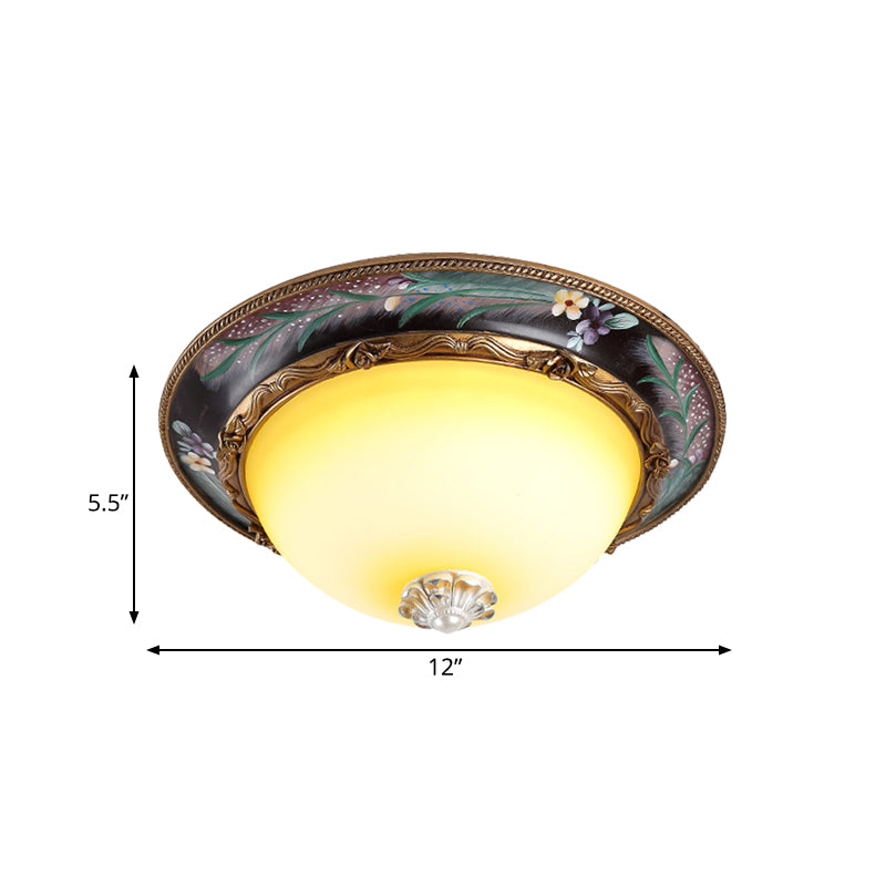 Brass Domed Flush Lighting Antiqued Yellow Glass 12"/16" Wide LED Bedroom Flush Mount Fixture Clearhalo 'Ceiling Lights' 'Close To Ceiling Lights' 'Close to ceiling' 'Flush mount' Lighting' 800708