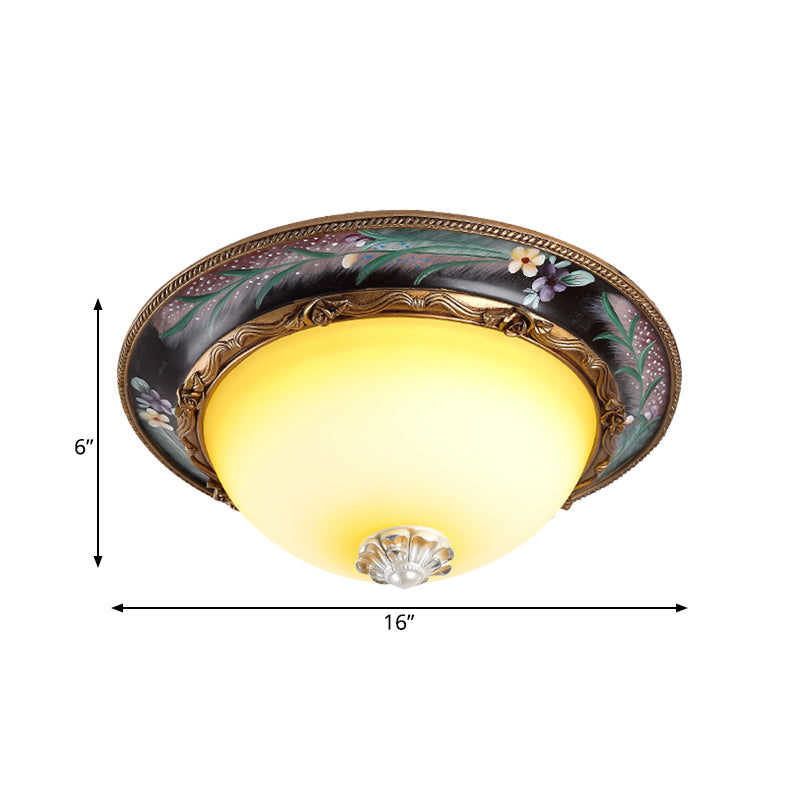 Brass Domed Flush Lighting Antiqued Yellow Glass 12"/16" Wide LED Bedroom Flush Mount Fixture Clearhalo 'Ceiling Lights' 'Close To Ceiling Lights' 'Close to ceiling' 'Flush mount' Lighting' 800709