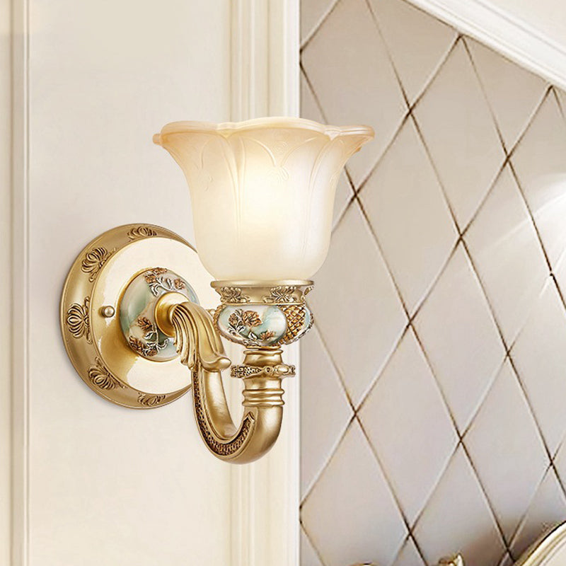 Flower Indoor Wall Mount Lighting Vintage White Glass 1 Light Gold Wall Lamp Fixture Gold Clearhalo 'Wall Lamps & Sconces' 'Wall Lights' Lighting' 800710