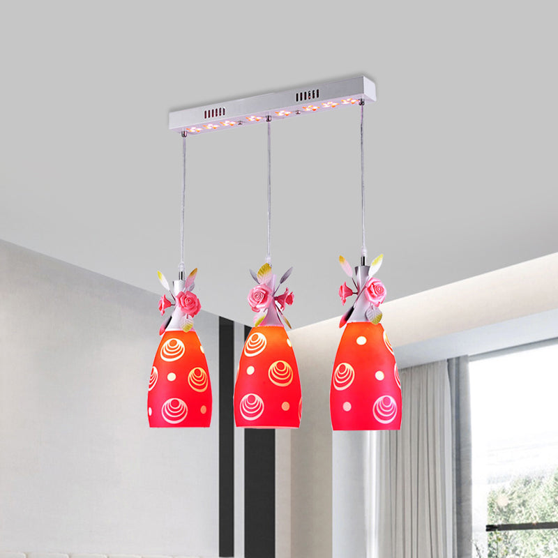 Contemporary Wine Bottle Multi Ceiling Light 3-Head Red Glass Suspension Lamp with Flower Deco Red Clearhalo 'Ceiling Lights' 'Glass shade' 'Glass' 'Pendant Lights' 'Pendants' Lighting' 800718