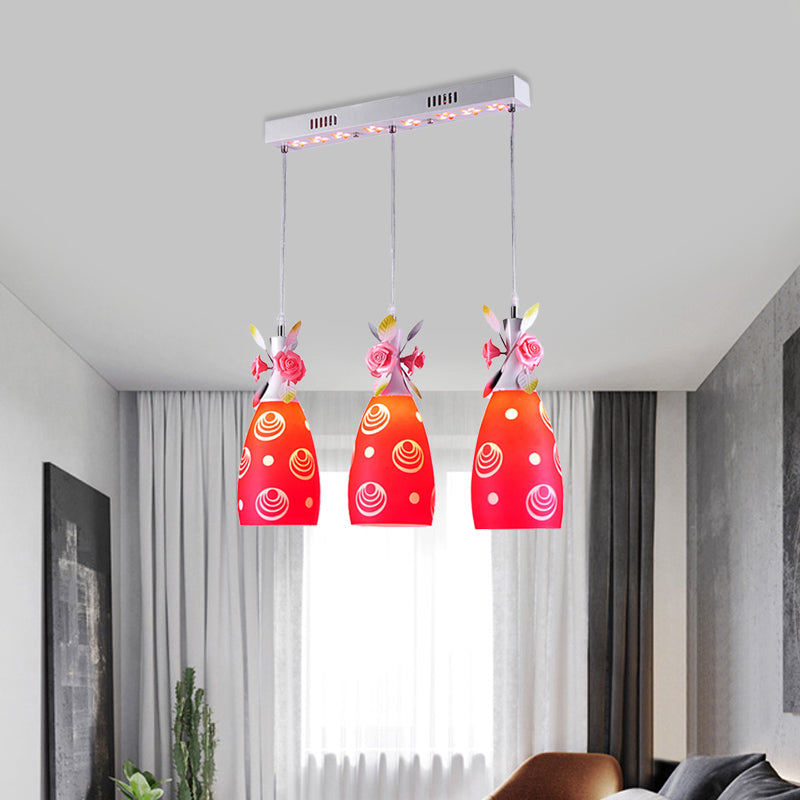 Contemporary Wine Bottle Multi Ceiling Light 3-Head Red Glass Suspension Lamp with Flower Deco Clearhalo 'Ceiling Lights' 'Glass shade' 'Glass' 'Pendant Lights' 'Pendants' Lighting' 800719