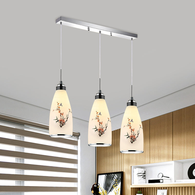 3-Light Drop Pendant Minimalist Oblong White Printing Glass Multiple Hanging Lamp with Round/Linear Canopy White A Linear Clearhalo 'Ceiling Lights' 'Glass shade' 'Glass' 'Pendant Lights' 'Pendants' Lighting' 800722