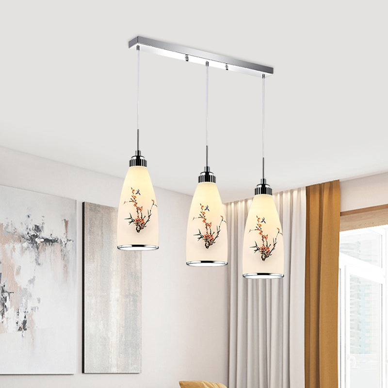 3-Light Drop Pendant Minimalist Oblong White Printing Glass Multiple Hanging Lamp with Round/Linear Canopy Clearhalo 'Ceiling Lights' 'Glass shade' 'Glass' 'Pendant Lights' 'Pendants' Lighting' 800723