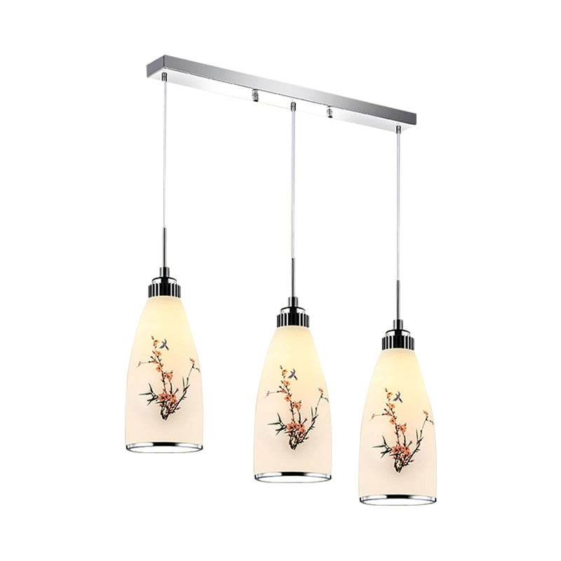 3-Light Drop Pendant Minimalist Oblong White Printing Glass Multiple Hanging Lamp with Round/Linear Canopy Clearhalo 'Ceiling Lights' 'Glass shade' 'Glass' 'Pendant Lights' 'Pendants' Lighting' 800724