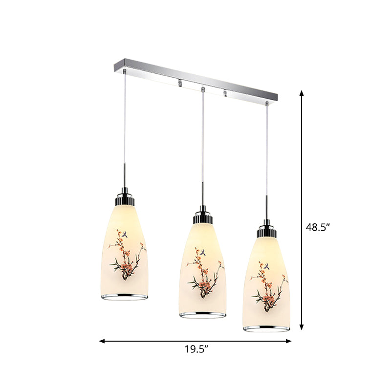 3-Light Drop Pendant Minimalist Oblong White Printing Glass Multiple Hanging Lamp with Round/Linear Canopy Clearhalo 'Ceiling Lights' 'Glass shade' 'Glass' 'Pendant Lights' 'Pendants' Lighting' 800725