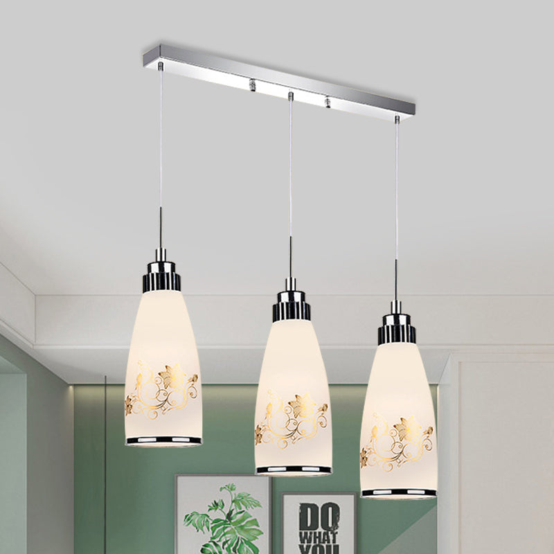 3-Light Drop Pendant Minimalist Oblong White Printing Glass Multiple Hanging Lamp with Round/Linear Canopy White C Linear Clearhalo 'Ceiling Lights' 'Glass shade' 'Glass' 'Pendant Lights' 'Pendants' Lighting' 800726