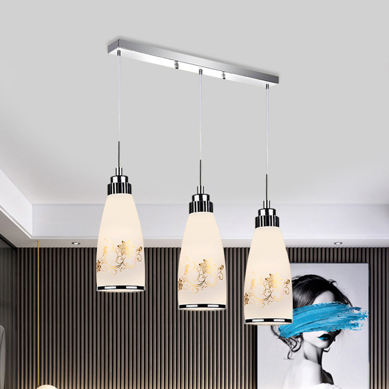 3-Light Drop Pendant Minimalist Oblong White Printing Glass Multiple Hanging Lamp with Round/Linear Canopy Clearhalo 'Ceiling Lights' 'Glass shade' 'Glass' 'Pendant Lights' 'Pendants' Lighting' 800727