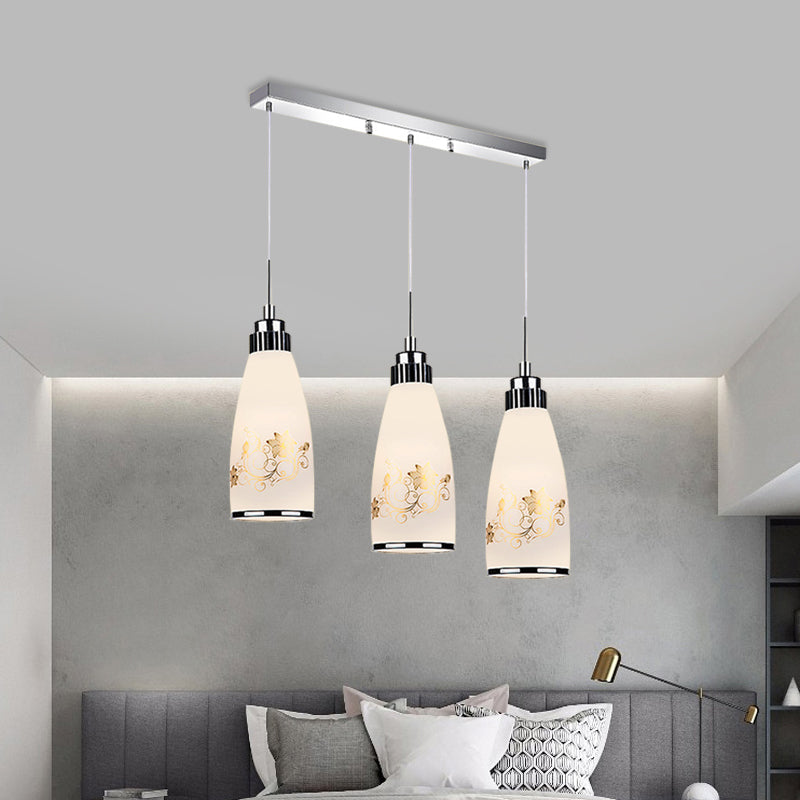 3-Light Drop Pendant Minimalist Oblong White Printing Glass Multiple Hanging Lamp with Round/Linear Canopy Clearhalo 'Ceiling Lights' 'Glass shade' 'Glass' 'Pendant Lights' 'Pendants' Lighting' 800728
