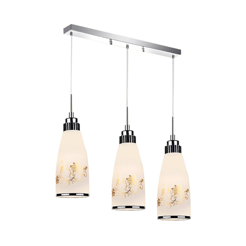 3-Light Drop Pendant Minimalist Oblong White Printing Glass Multiple Hanging Lamp with Round/Linear Canopy Clearhalo 'Ceiling Lights' 'Glass shade' 'Glass' 'Pendant Lights' 'Pendants' Lighting' 800729
