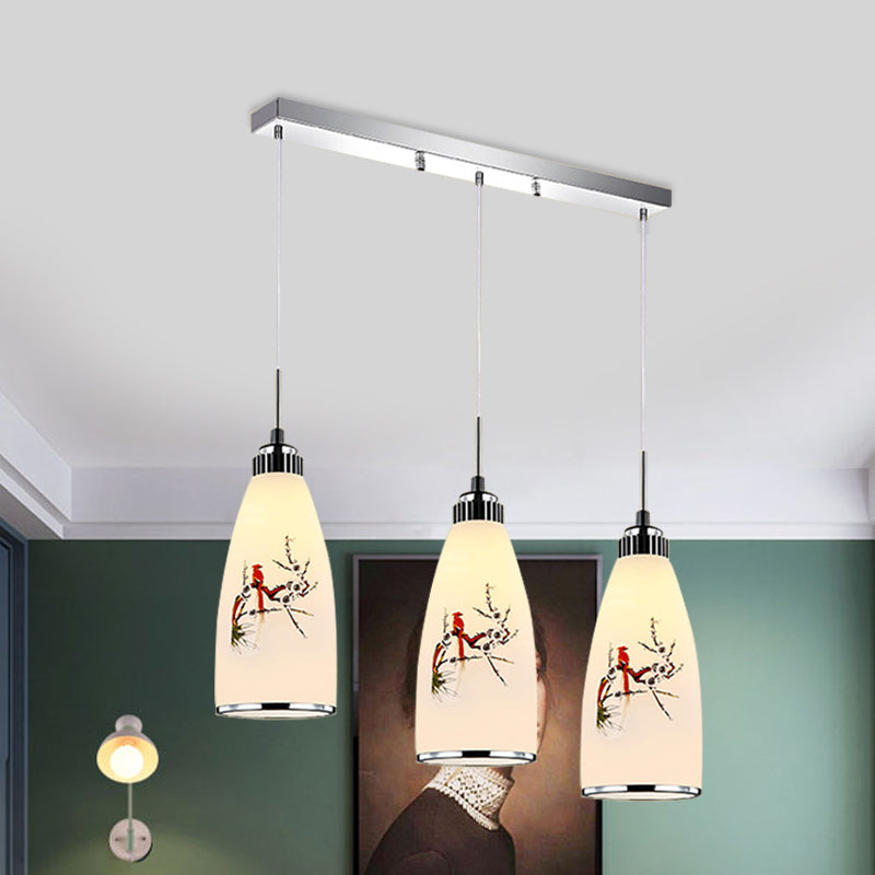 3-Light Drop Pendant Minimalist Oblong White Printing Glass Multiple Hanging Lamp with Round/Linear Canopy White B Linear Clearhalo 'Ceiling Lights' 'Glass shade' 'Glass' 'Pendant Lights' 'Pendants' Lighting' 800730