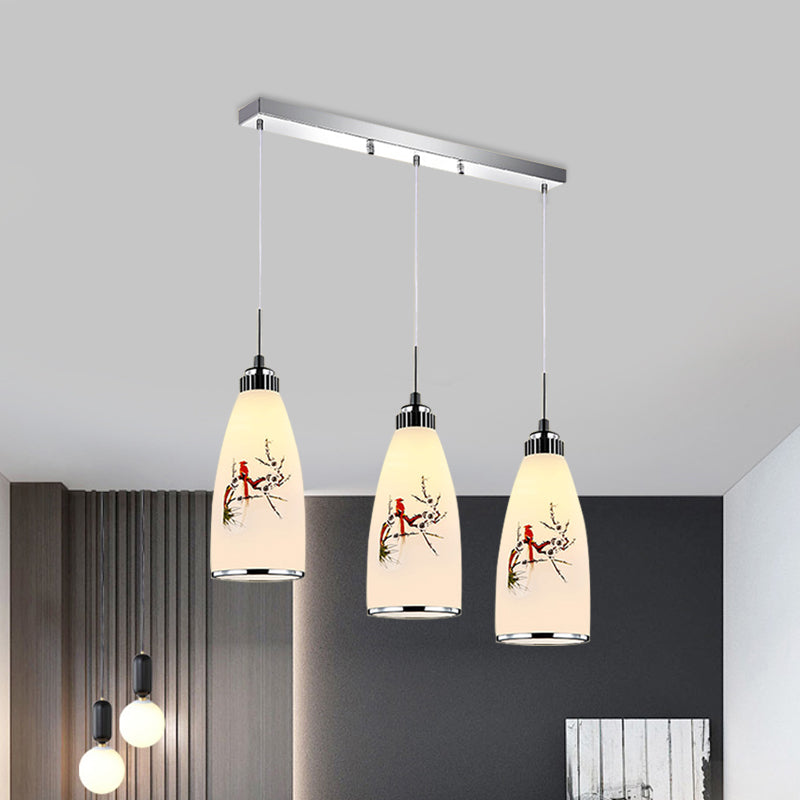 3-Light Drop Pendant Minimalist Oblong White Printing Glass Multiple Hanging Lamp with Round/Linear Canopy Clearhalo 'Ceiling Lights' 'Glass shade' 'Glass' 'Pendant Lights' 'Pendants' Lighting' 800731