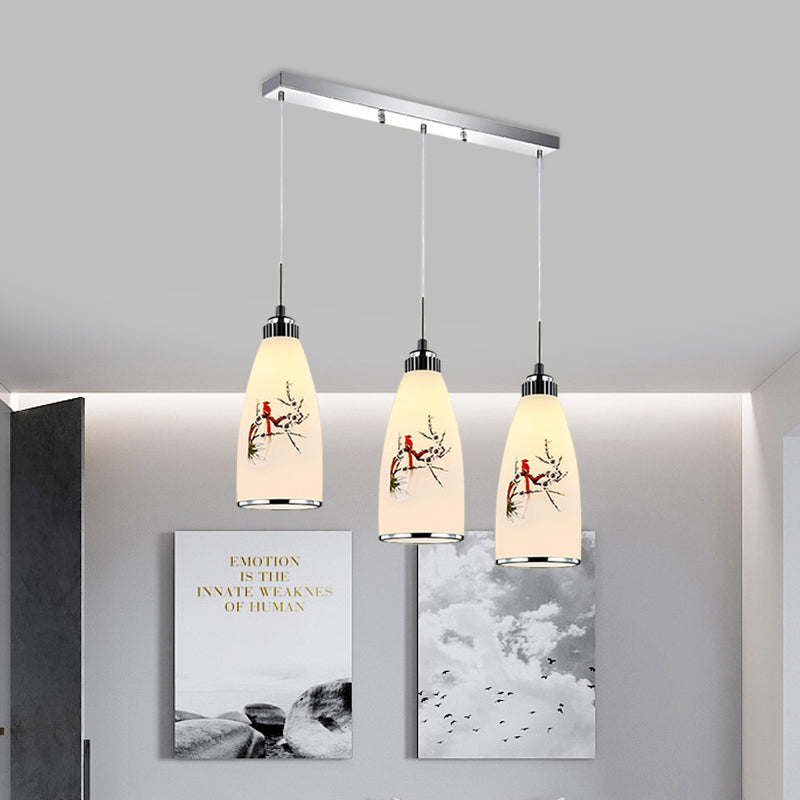 3-Light Drop Pendant Minimalist Oblong White Printing Glass Multiple Hanging Lamp with Round/Linear Canopy Clearhalo 'Ceiling Lights' 'Glass shade' 'Glass' 'Pendant Lights' 'Pendants' Lighting' 800732