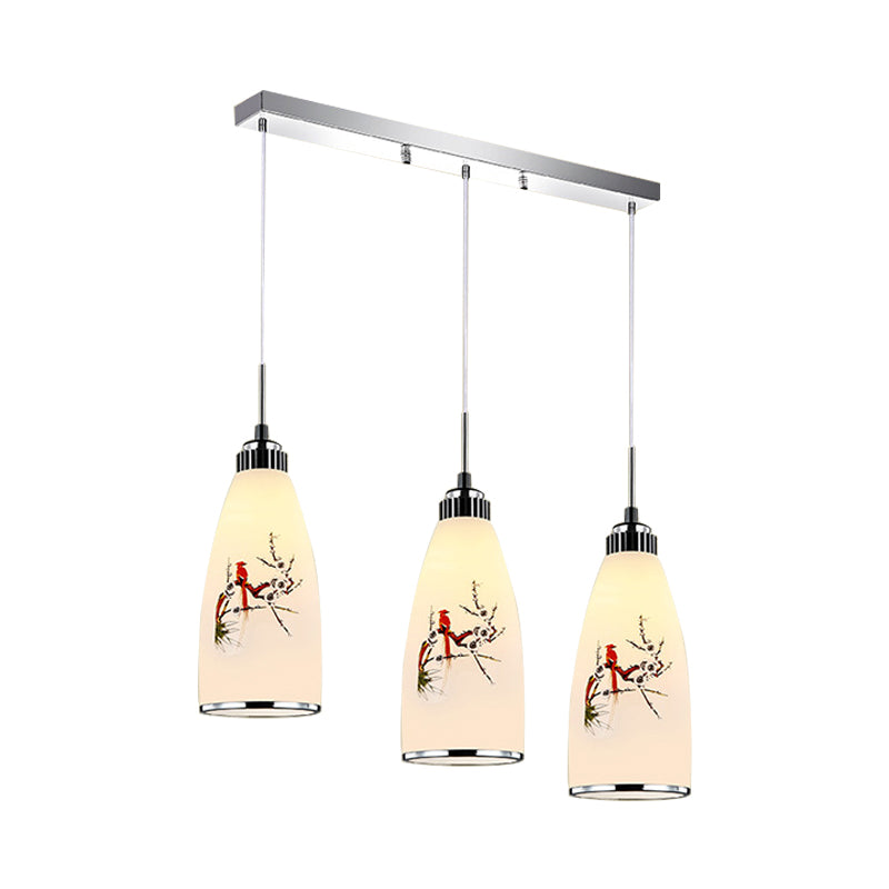 3-Light Drop Pendant Minimalist Oblong White Printing Glass Multiple Hanging Lamp with Round/Linear Canopy Clearhalo 'Ceiling Lights' 'Glass shade' 'Glass' 'Pendant Lights' 'Pendants' Lighting' 800733