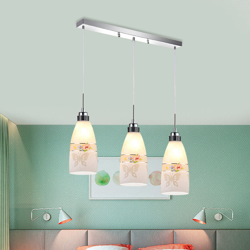 3-Light Drop Pendant Minimalist Oblong White Printing Glass Multiple Hanging Lamp with Round/Linear Canopy Clearhalo 'Ceiling Lights' 'Glass shade' 'Glass' 'Pendant Lights' 'Pendants' Lighting' 800735
