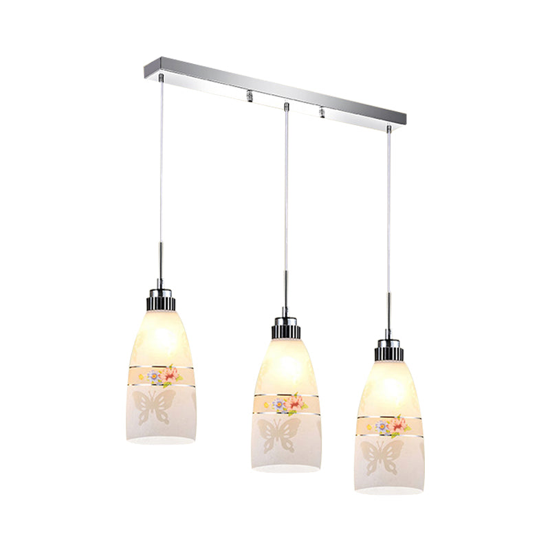 3-Light Drop Pendant Minimalist Oblong White Printing Glass Multiple Hanging Lamp with Round/Linear Canopy Clearhalo 'Ceiling Lights' 'Glass shade' 'Glass' 'Pendant Lights' 'Pendants' Lighting' 800737
