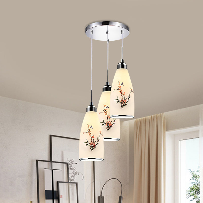 3-Light Drop Pendant Minimalist Oblong White Printing Glass Multiple Hanging Lamp with Round/Linear Canopy Clearhalo 'Ceiling Lights' 'Glass shade' 'Glass' 'Pendant Lights' 'Pendants' Lighting' 800739