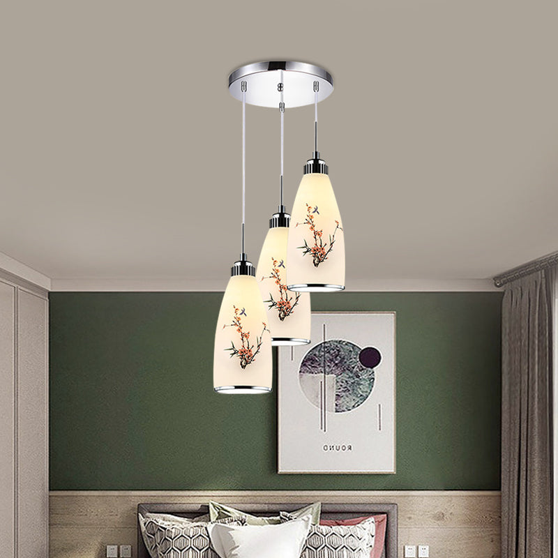 3-Light Drop Pendant Minimalist Oblong White Printing Glass Multiple Hanging Lamp with Round/Linear Canopy Clearhalo 'Ceiling Lights' 'Glass shade' 'Glass' 'Pendant Lights' 'Pendants' Lighting' 800740