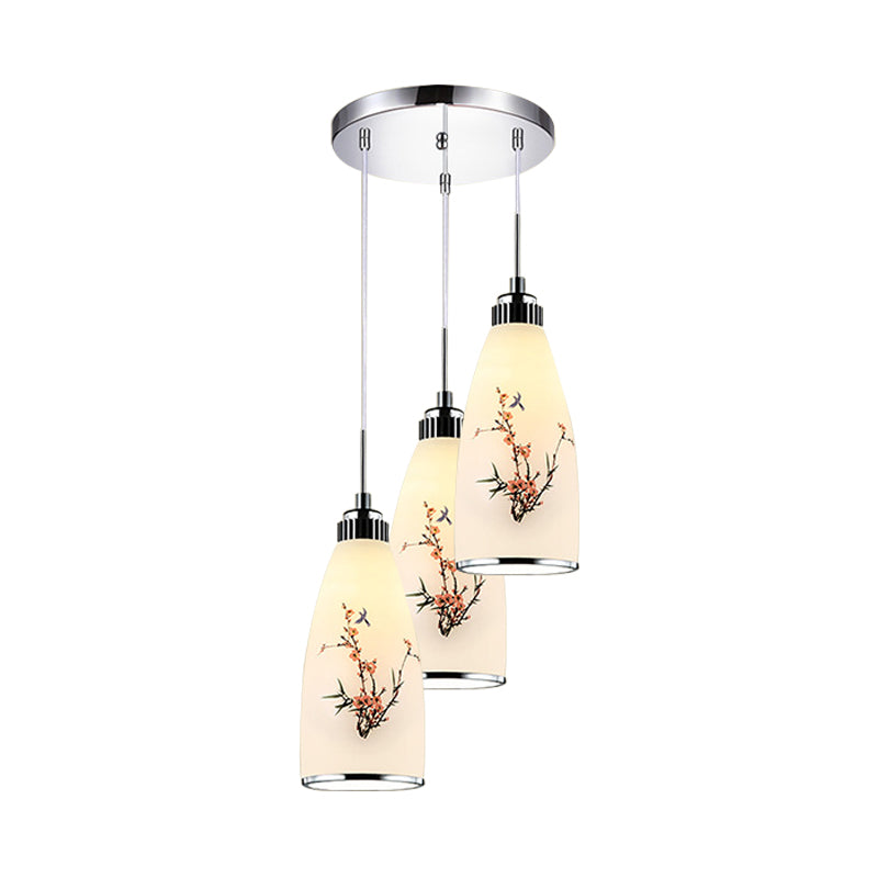 3-Light Drop Pendant Minimalist Oblong White Printing Glass Multiple Hanging Lamp with Round/Linear Canopy Clearhalo 'Ceiling Lights' 'Glass shade' 'Glass' 'Pendant Lights' 'Pendants' Lighting' 800741