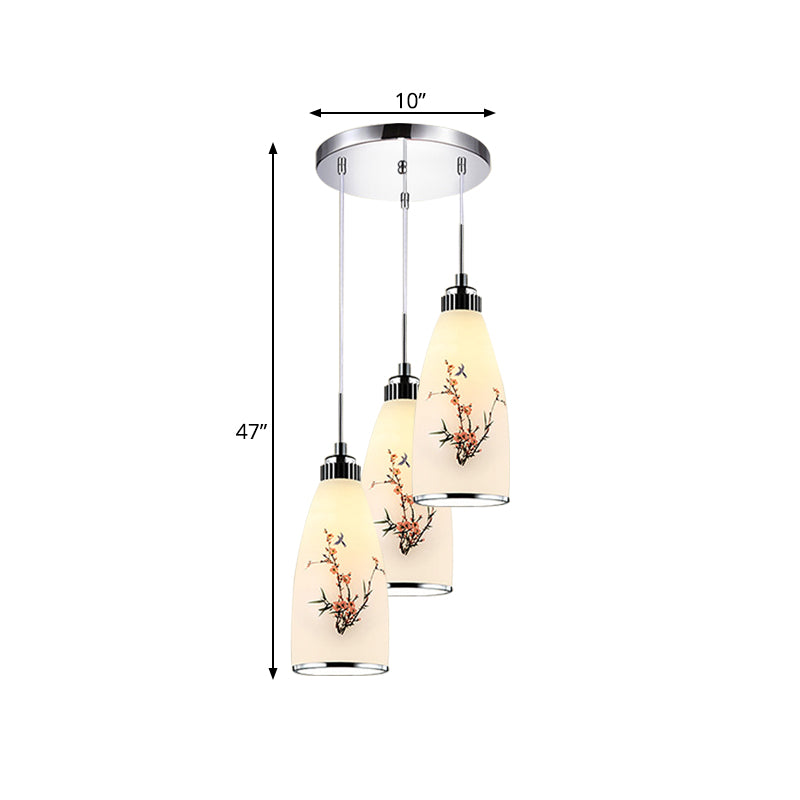 3-Light Drop Pendant Minimalist Oblong White Printing Glass Multiple Hanging Lamp with Round/Linear Canopy Clearhalo 'Ceiling Lights' 'Glass shade' 'Glass' 'Pendant Lights' 'Pendants' Lighting' 800742