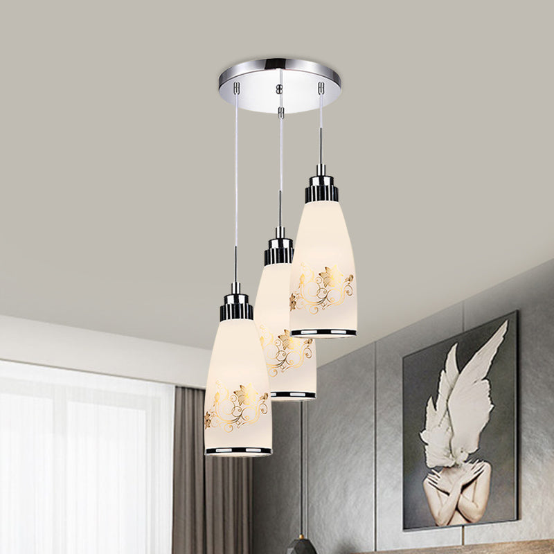 3-Light Drop Pendant Minimalist Oblong White Printing Glass Multiple Hanging Lamp with Round/Linear Canopy White C Round Clearhalo 'Ceiling Lights' 'Glass shade' 'Glass' 'Pendant Lights' 'Pendants' Lighting' 800743