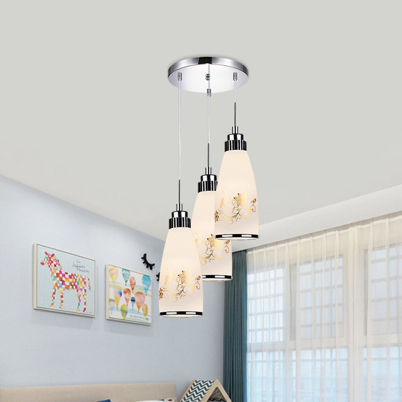 3-Light Drop Pendant Minimalist Oblong White Printing Glass Multiple Hanging Lamp with Round/Linear Canopy Clearhalo 'Ceiling Lights' 'Glass shade' 'Glass' 'Pendant Lights' 'Pendants' Lighting' 800744