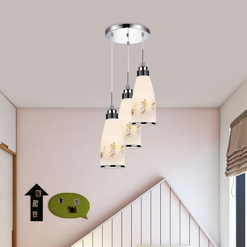 3-Light Drop Pendant Minimalist Oblong White Printing Glass Multiple Hanging Lamp with Round/Linear Canopy Clearhalo 'Ceiling Lights' 'Glass shade' 'Glass' 'Pendant Lights' 'Pendants' Lighting' 800745