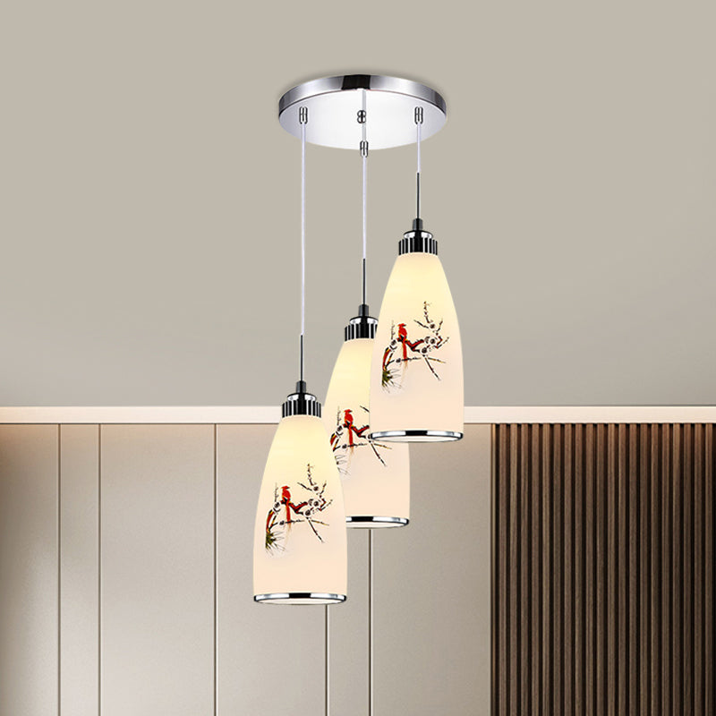 3-Light Drop Pendant Minimalist Oblong White Printing Glass Multiple Hanging Lamp with Round/Linear Canopy White B Round Clearhalo 'Ceiling Lights' 'Glass shade' 'Glass' 'Pendant Lights' 'Pendants' Lighting' 800747