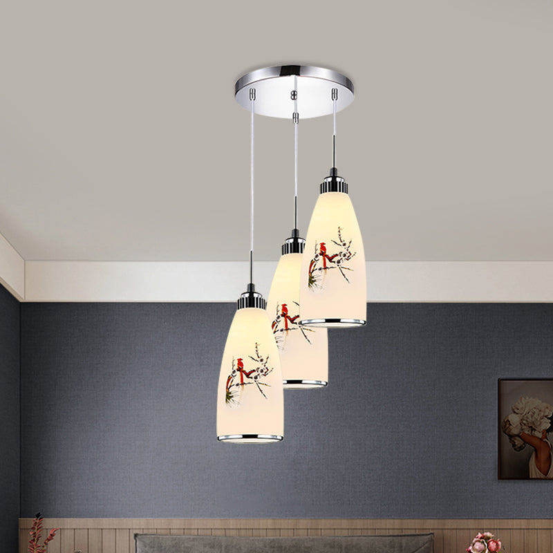3-Light Drop Pendant Minimalist Oblong White Printing Glass Multiple Hanging Lamp with Round/Linear Canopy Clearhalo 'Ceiling Lights' 'Glass shade' 'Glass' 'Pendant Lights' 'Pendants' Lighting' 800748